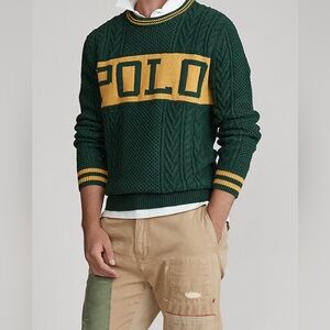 Polo Ralph Lauren Logo Aran Jumper Cotton Striped Sweater Men’s XL Quiet Luxury